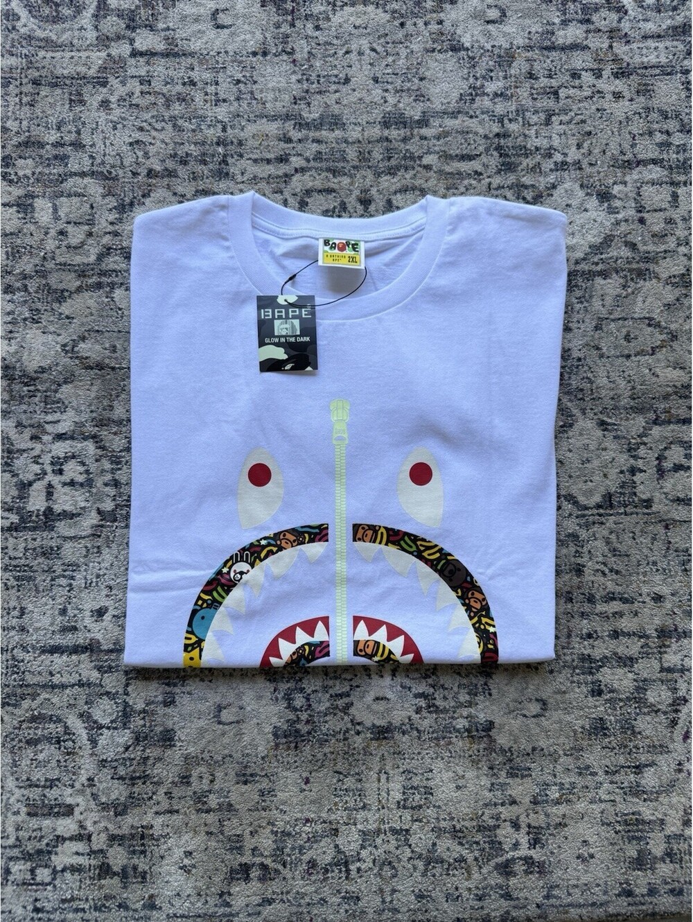 NEW A BATHING APE Bape Camo Shark Tee Men's Size 2XL White Glow In The Dark